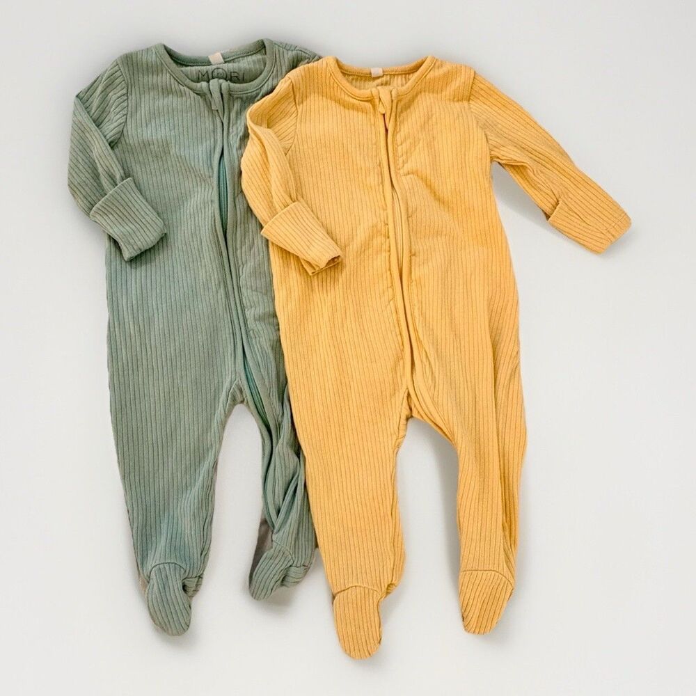2 MORI Organic Bamboo Unisex Rib Footie Sleeper Pajama Gender Ntrl Sage Gold 0-3